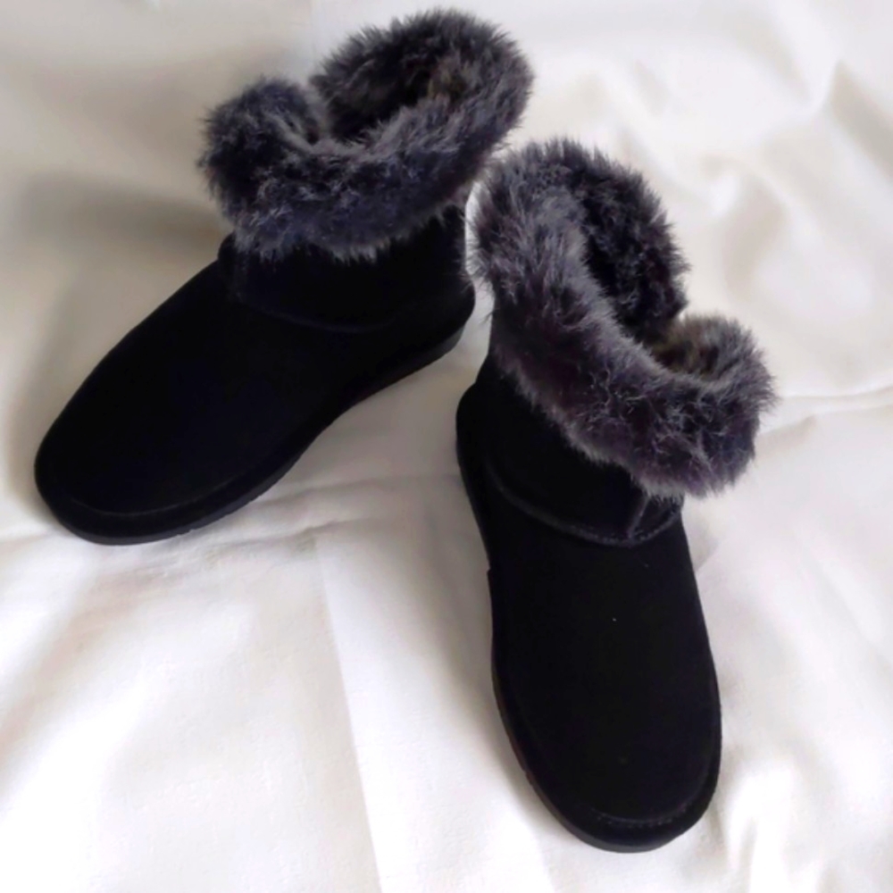 BEARPAW Kids Sz 2 Faux Suede BLACK Ankle Snow Boot Lined NWOB